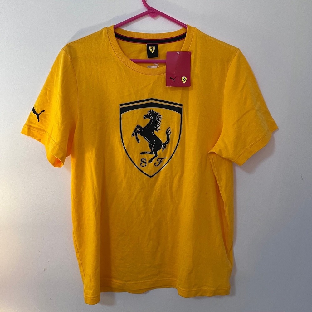 New PUMA Ferrari Race Big Shield T-Shirt Men's Medium Yellow Short Sleeve Tee